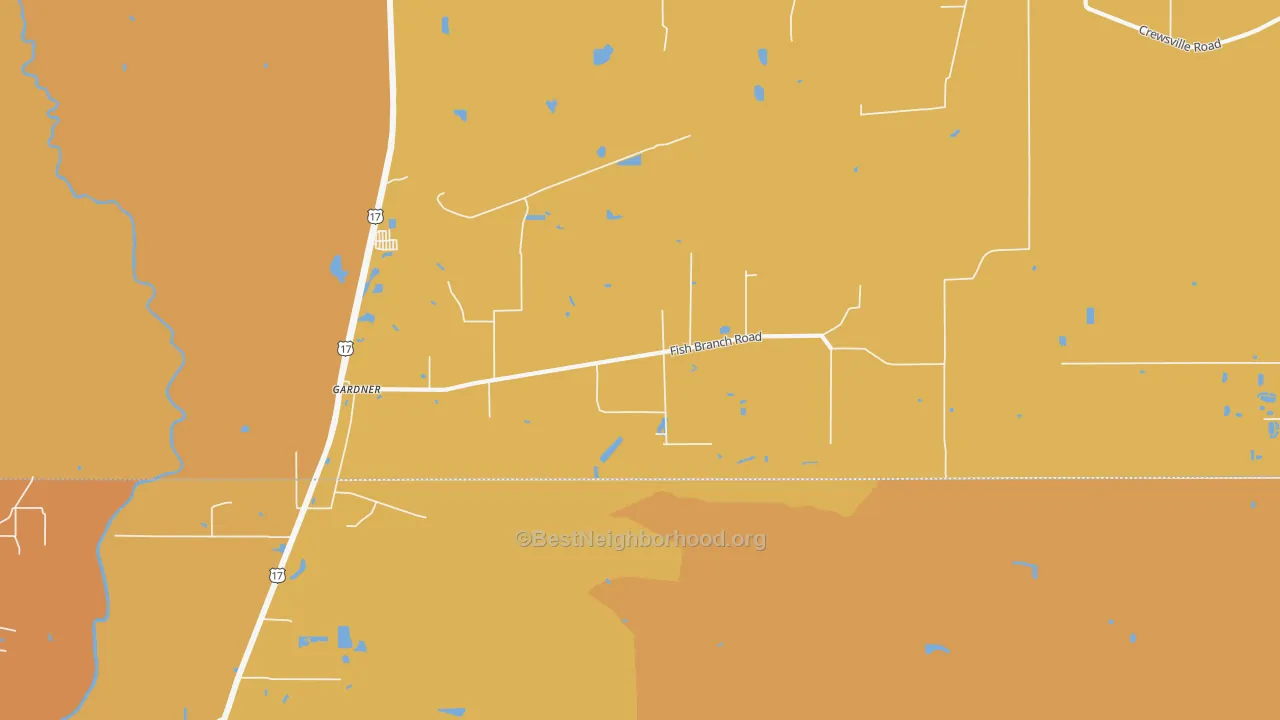 Map of the best neighborhoods in the Gardner area, with better matches in green and worse matches in red