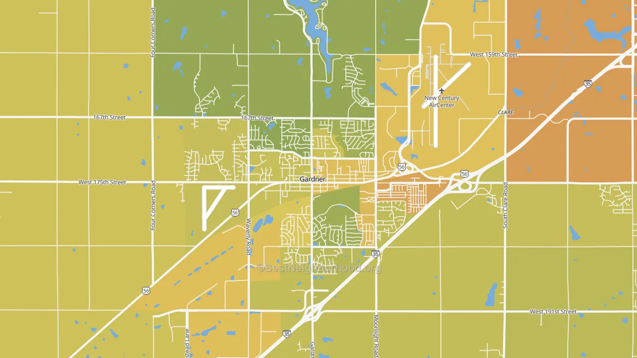 Map of the best neighborhoods in the Gardner area, with better matches in green and worse matches in red