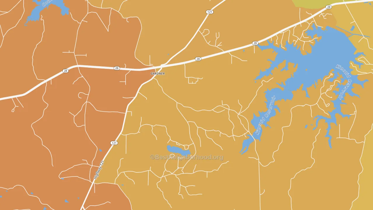 Map of the best neighborhoods in the Gardner area, with better matches in green and worse matches in red