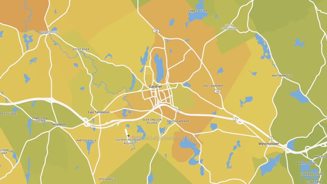Map of the best neighborhoods in the Gardner area, with better matches in green and worse matches in red