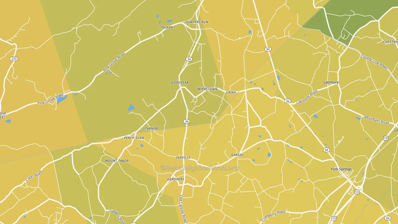 Map of the best neighborhoods in the Gardners area, with better matches in green and worse matches in red