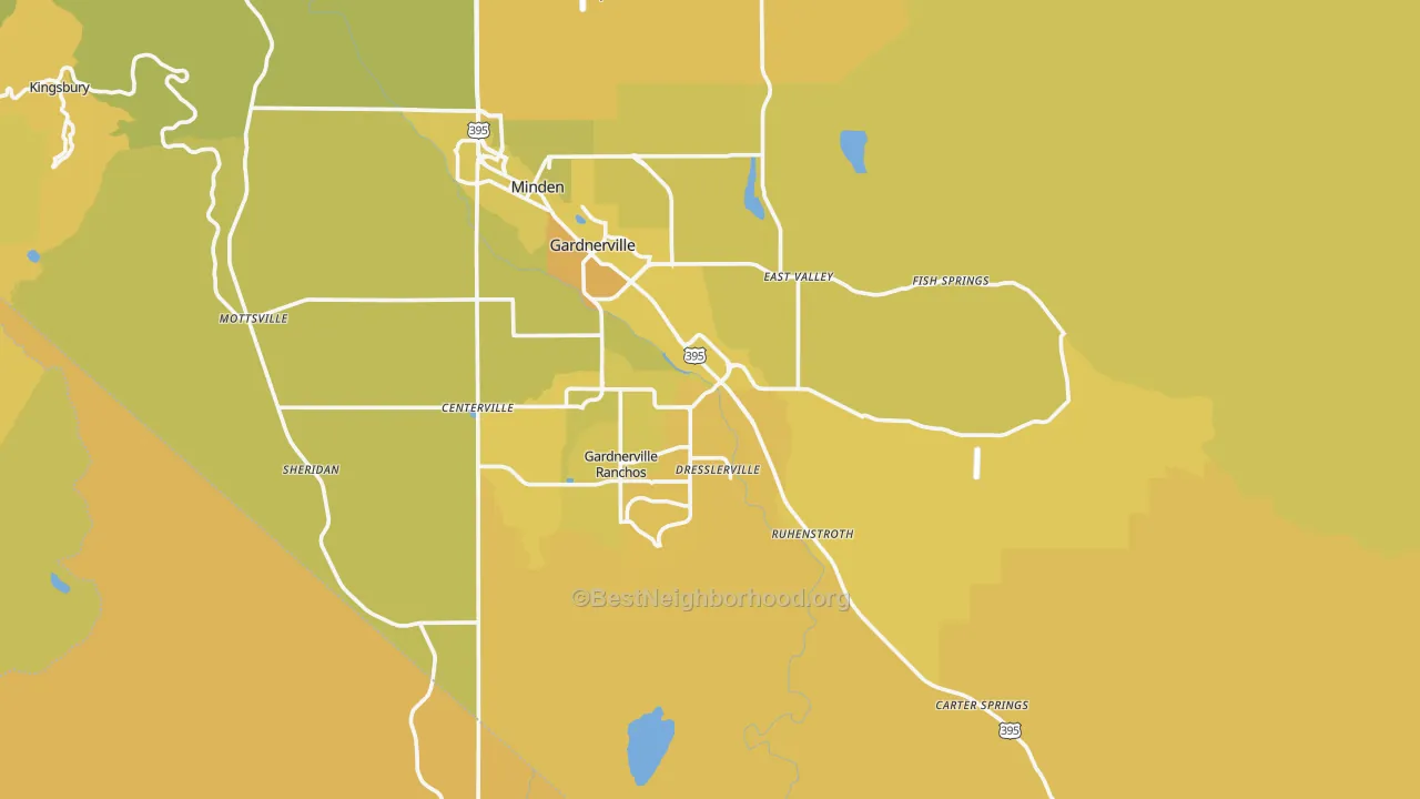 Map of the best neighborhoods in the Gardnerville area, with better matches in green and worse matches in red