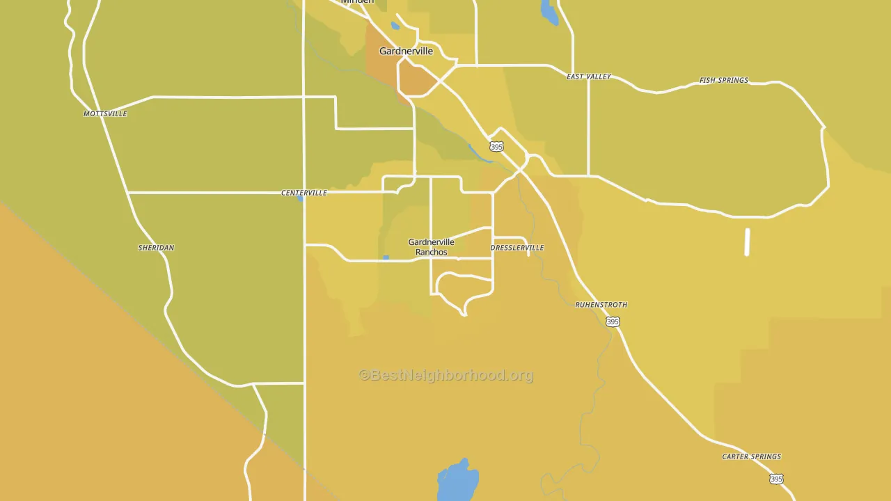 Map of the best neighborhoods in the Gardnerville Ranchos area, with better matches in green and worse matches in red
