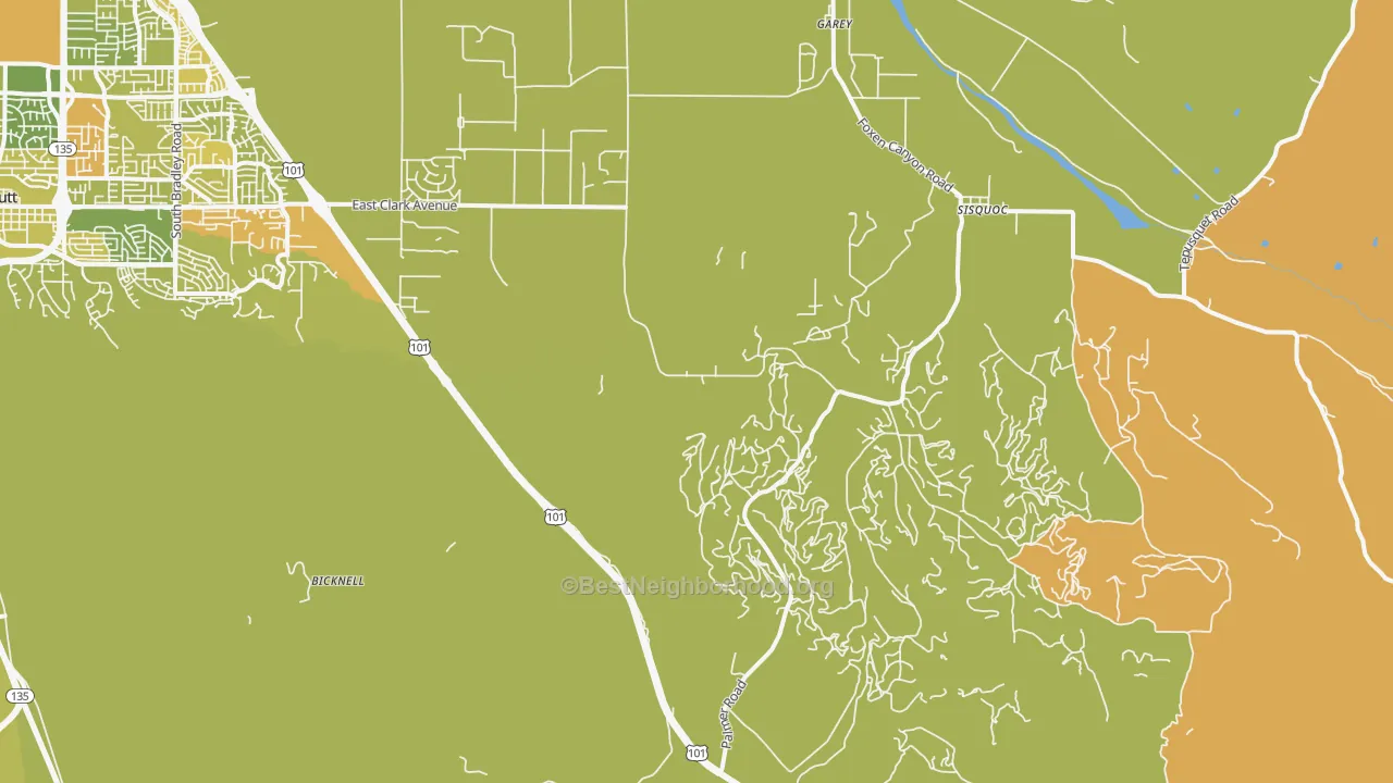 Map of the best neighborhoods in the Garey area, with better matches in green and worse matches in red