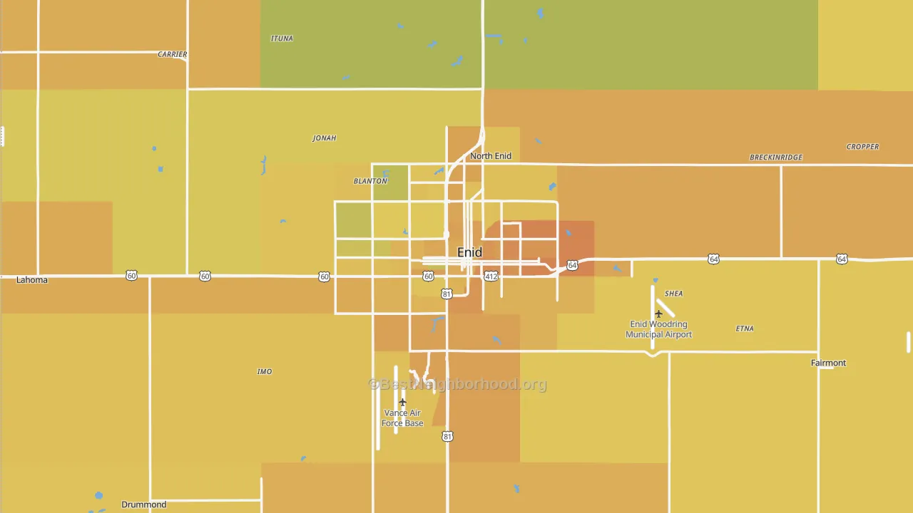 Map of the best neighborhoods in the Garfield County area, with better matches in green and worse matches in red