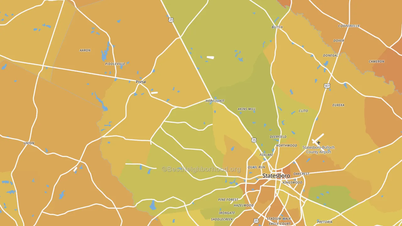 Map of the best neighborhoods in the Garfield area, with better matches in green and worse matches in red
