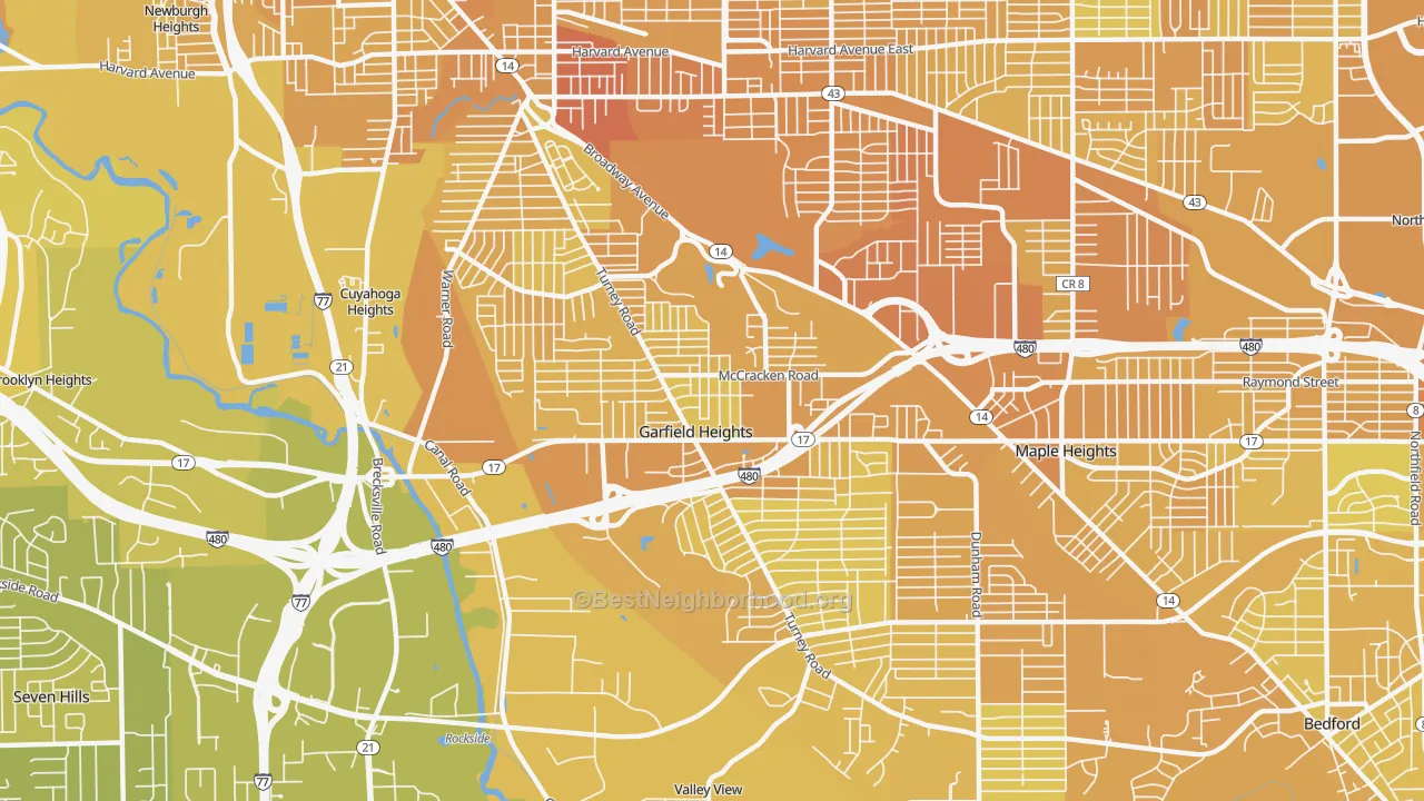 Map of the best neighborhoods in the Garfield Heights area, with better matches in green and worse matches in red