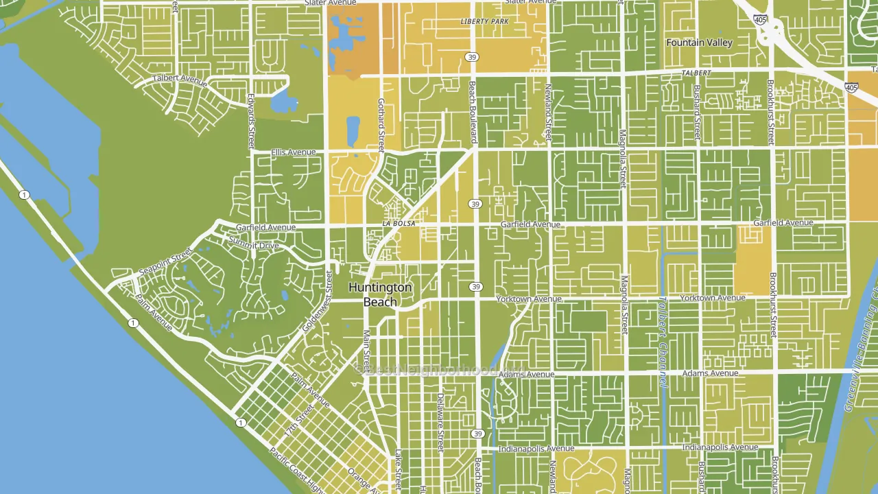 Map of the best neighborhoods in the Garfield, Huntington Beach area, with better matches in green and worse matches in red
