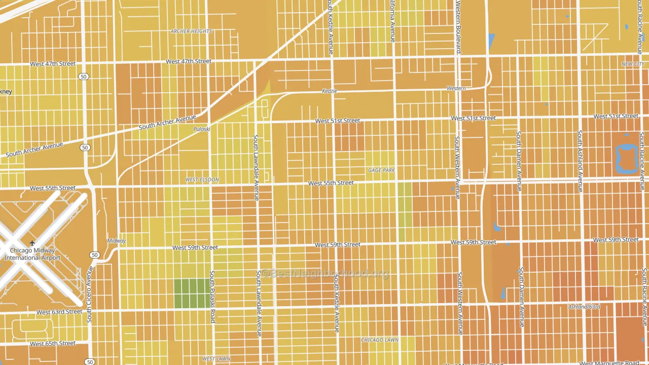Map of the best neighborhoods in the Garfield Manor, Chicago area, with better matches in green and worse matches in red