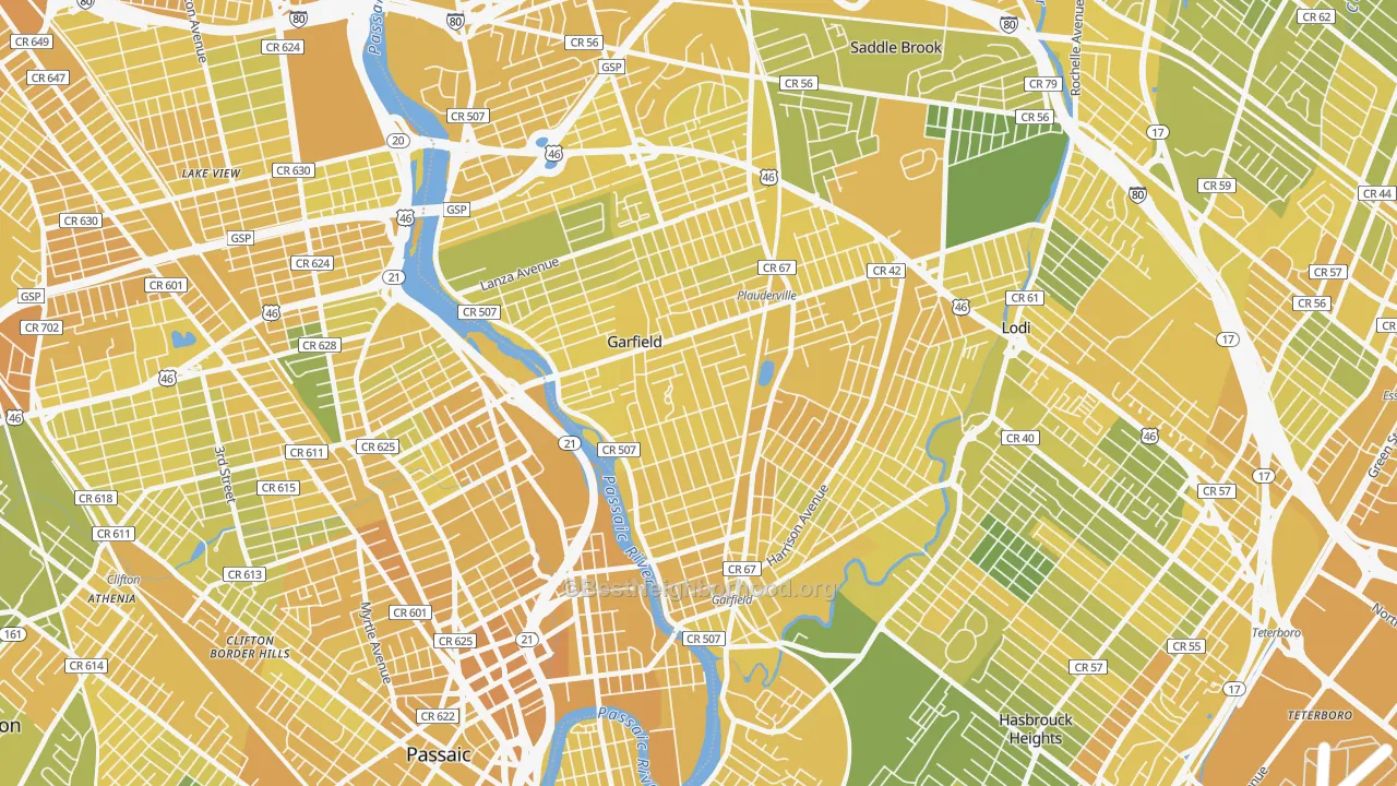 Map of the best neighborhoods in the Garfield area, with better matches in green and worse matches in red
