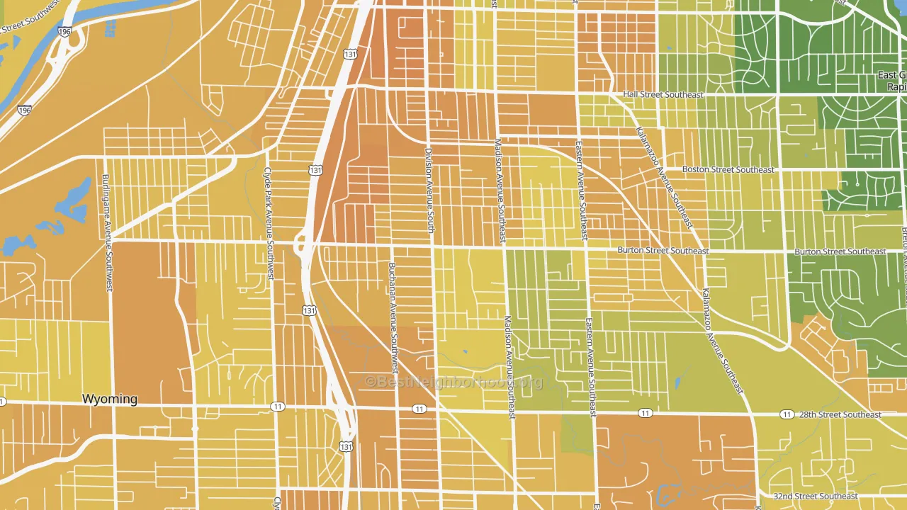 Map of the best neighborhoods in the Garfield Park, Grand Rapids area, with better matches in green and worse matches in red
