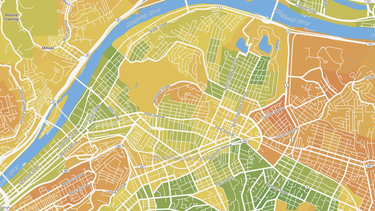 Map of the best neighborhoods in the Garfield, Pittsburgh area, with better matches in green and worse matches in red