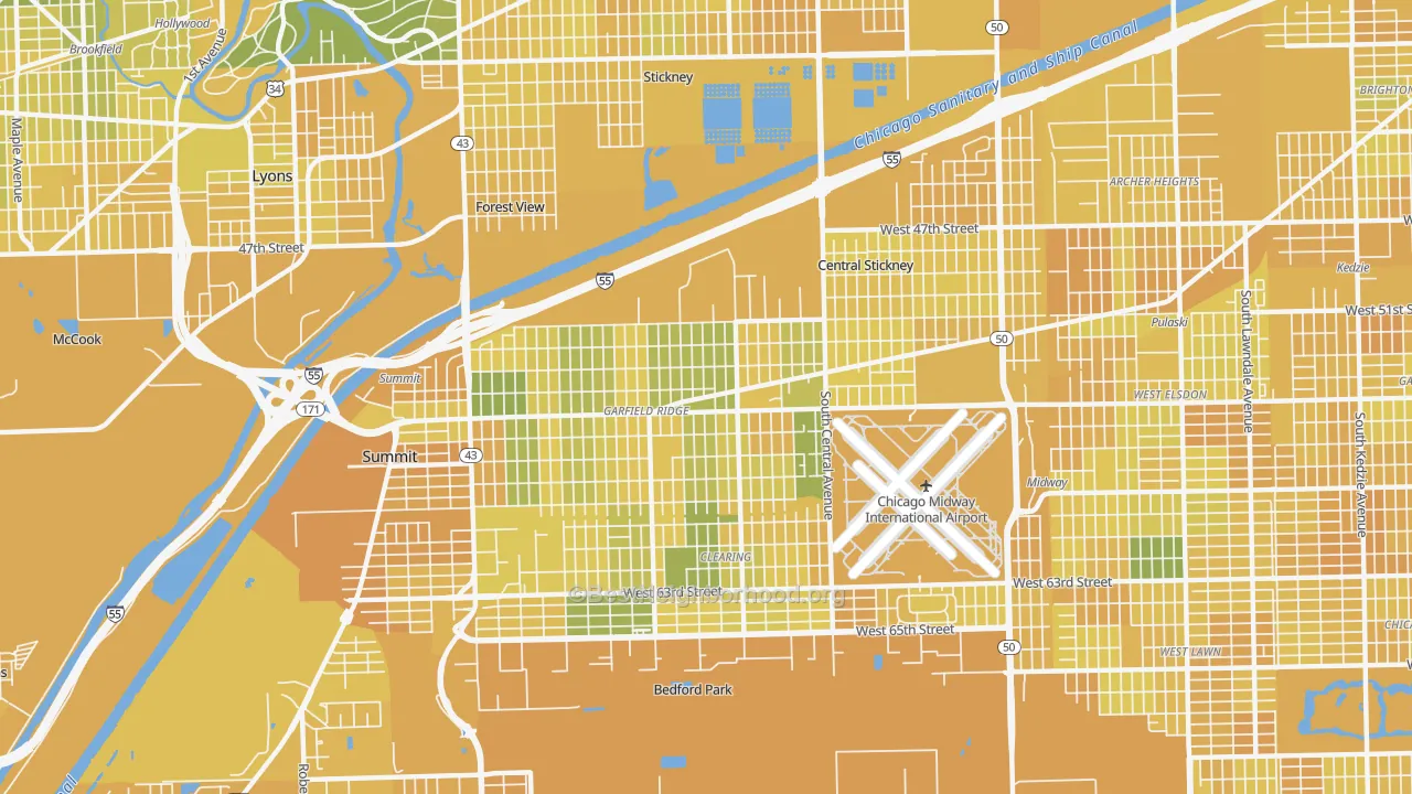 Map of the best neighborhoods in the Garfield Ridge, Chicago area, with better matches in green and worse matches in red