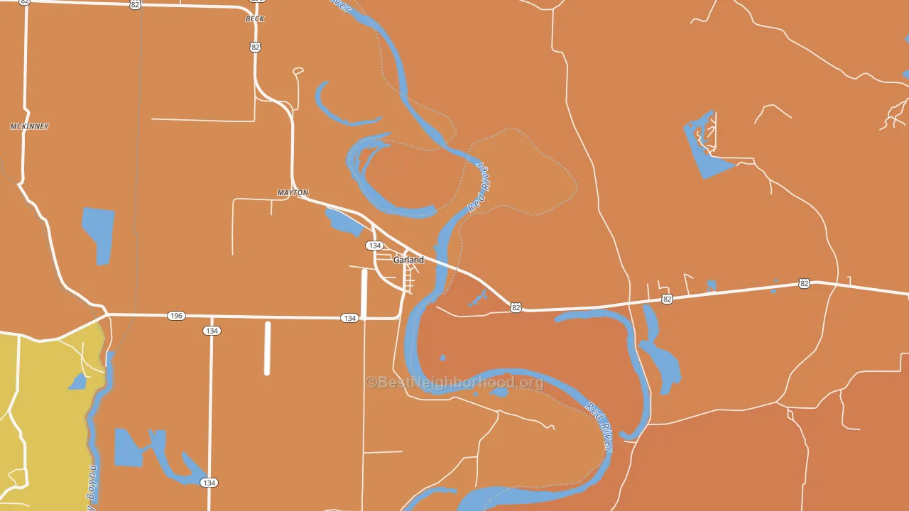 Map of the best neighborhoods in the Garland area, with better matches in green and worse matches in red