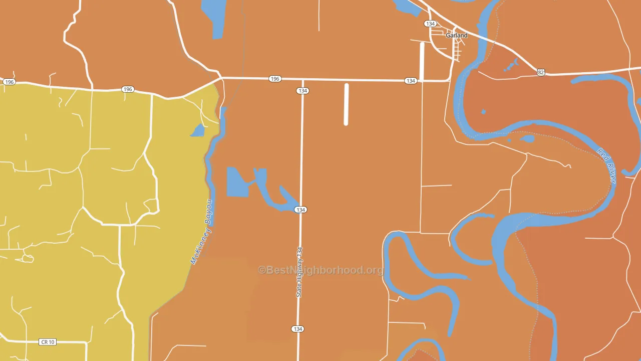 Map of the best neighborhoods in the Garland City area, with better matches in green and worse matches in red