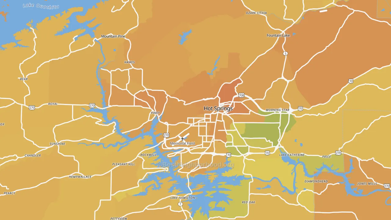 Map of the best neighborhoods in the Garland County area, with better matches in green and worse matches in red
