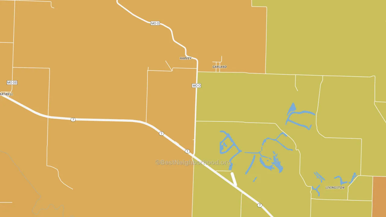 Map of the best neighborhoods in the Garland area, with better matches in green and worse matches in red