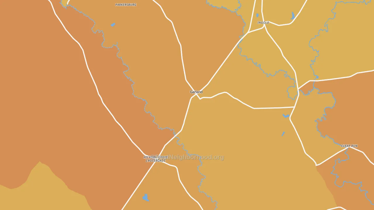Map of the best neighborhoods in the Garland area, with better matches in green and worse matches in red