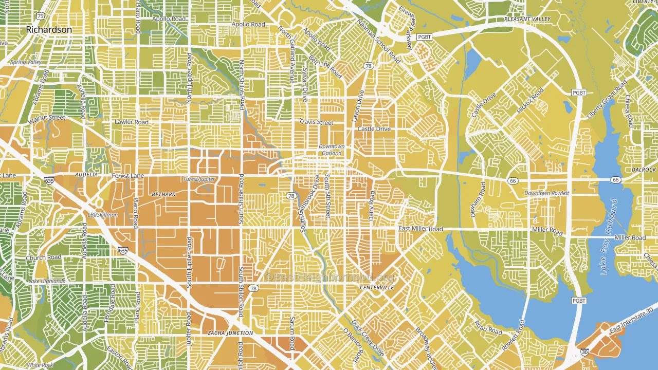 Map of the best neighborhoods in the Garland area, with better matches in green and worse matches in red