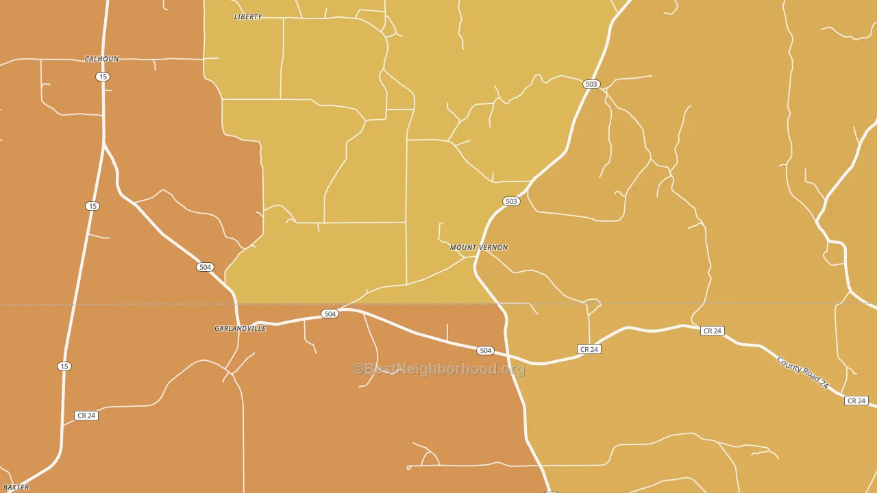 Map of the best neighborhoods in the Garlandville area, with better matches in green and worse matches in red