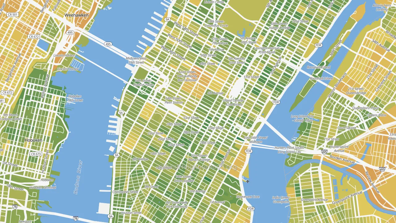 Map of the best neighborhoods in the Garment District, Manhattan area, with better matches in green and worse matches in red