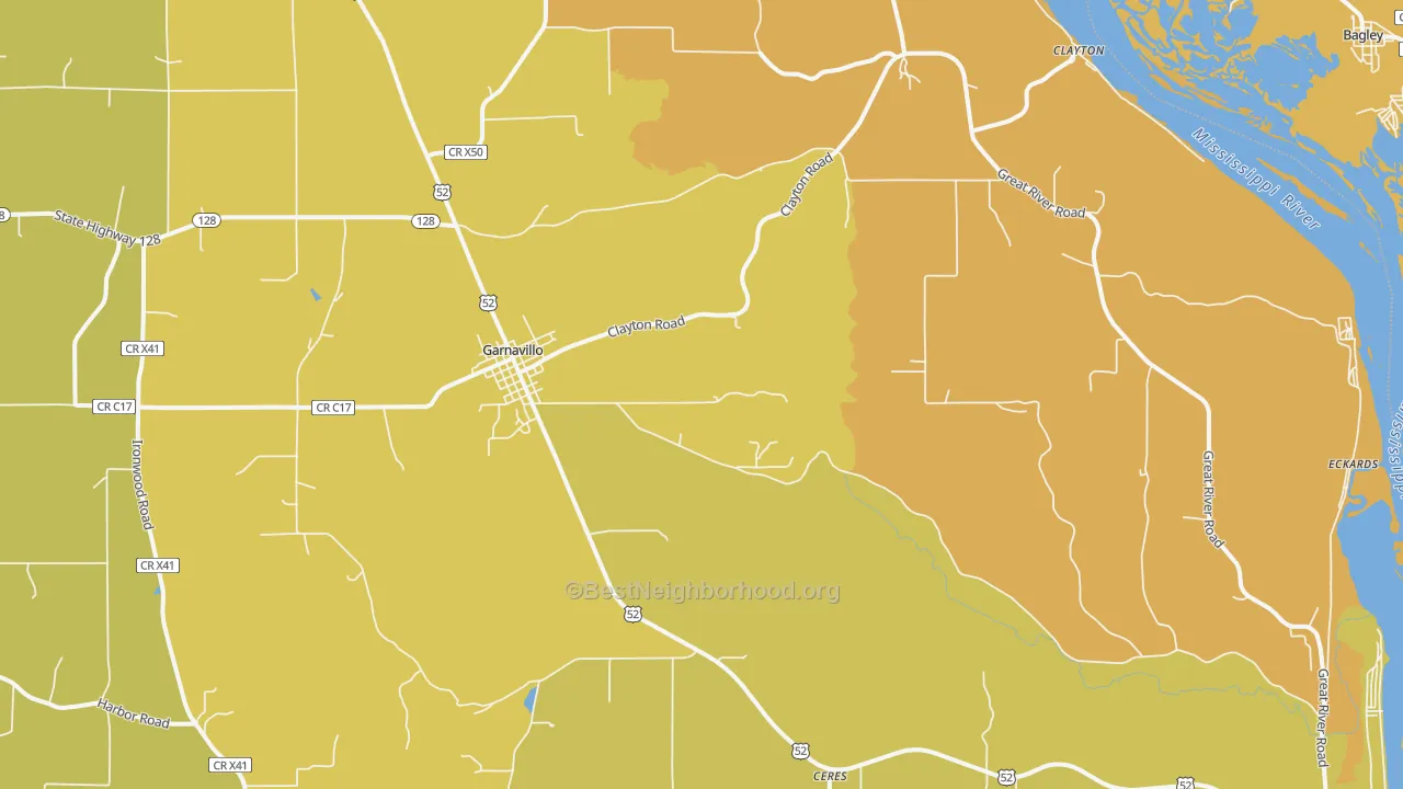 Map of the best neighborhoods in the Garnavillo area, with better matches in green and worse matches in red