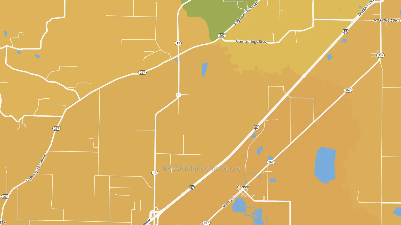 Map of the best neighborhoods in the Garner area, with better matches in green and worse matches in red
