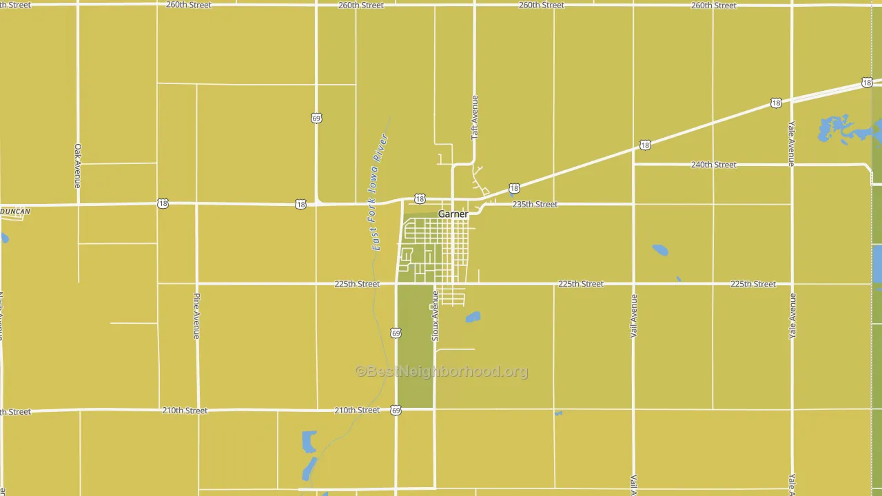 Map of the best neighborhoods in the Garner area, with better matches in green and worse matches in red