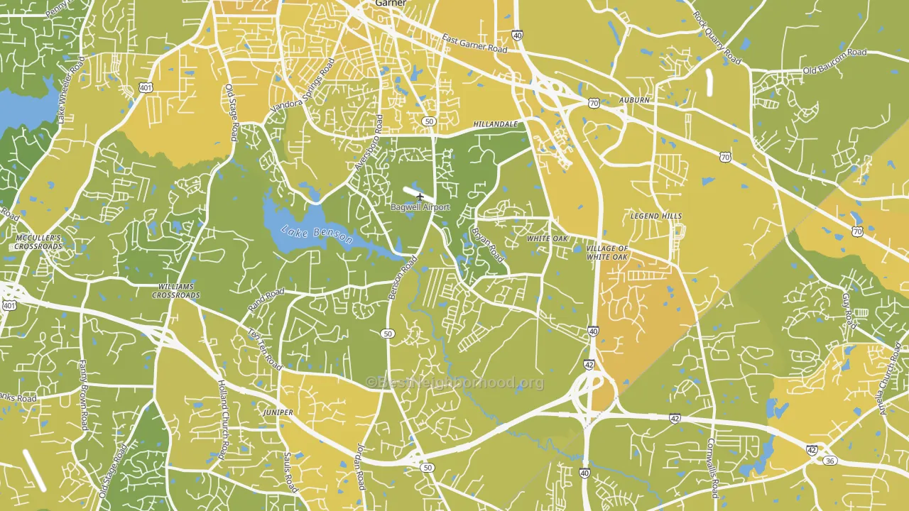 Map of the best neighborhoods in the Garner area, with better matches in green and worse matches in red