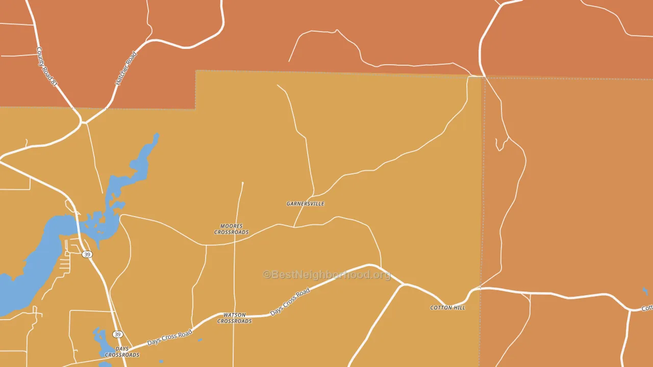 Map of the best neighborhoods in the Garnersville area, with better matches in green and worse matches in red
