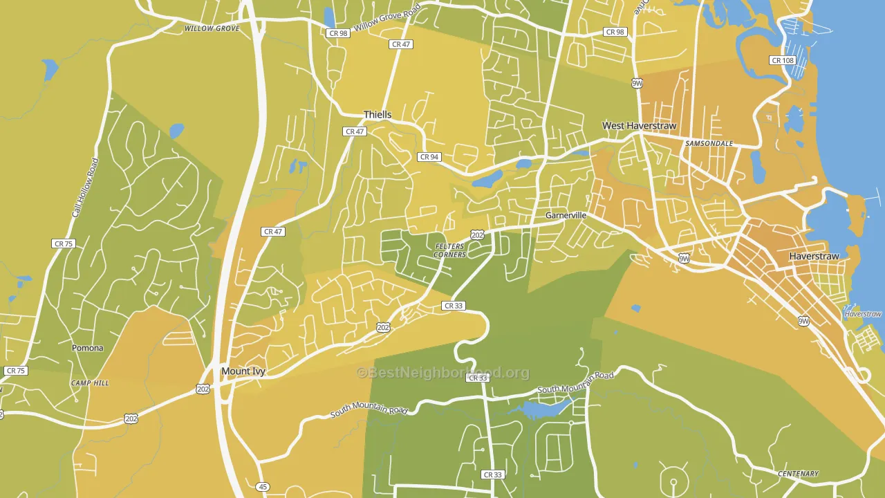 Map of the best neighborhoods in the Garnerville area, with better matches in green and worse matches in red