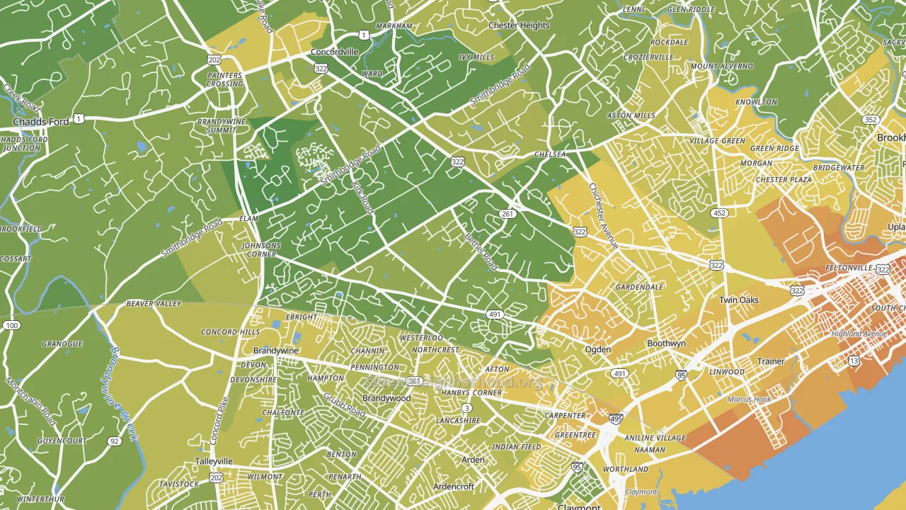 Map of the best neighborhoods in the Garnet Valley area, with better matches in green and worse matches in red