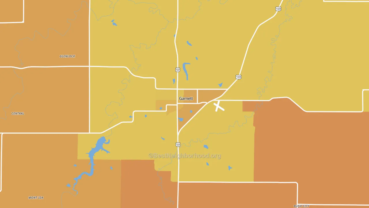 Map of the best neighborhoods in the Garnett area, with better matches in green and worse matches in red