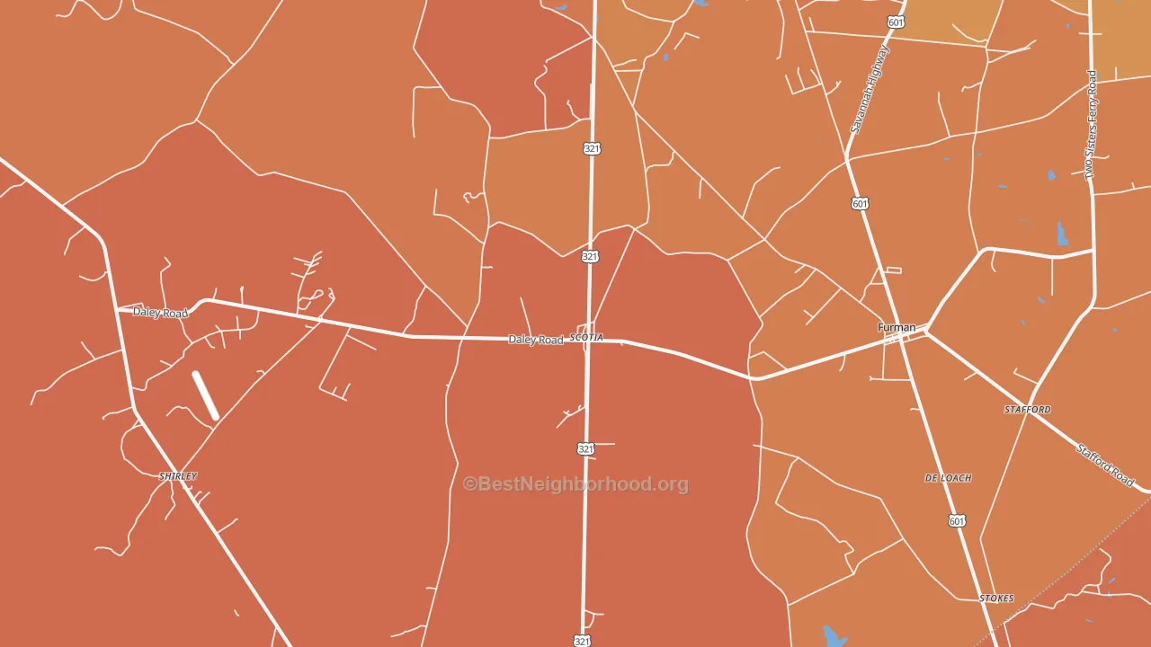 Map of the best neighborhoods in the Garnett area, with better matches in green and worse matches in red