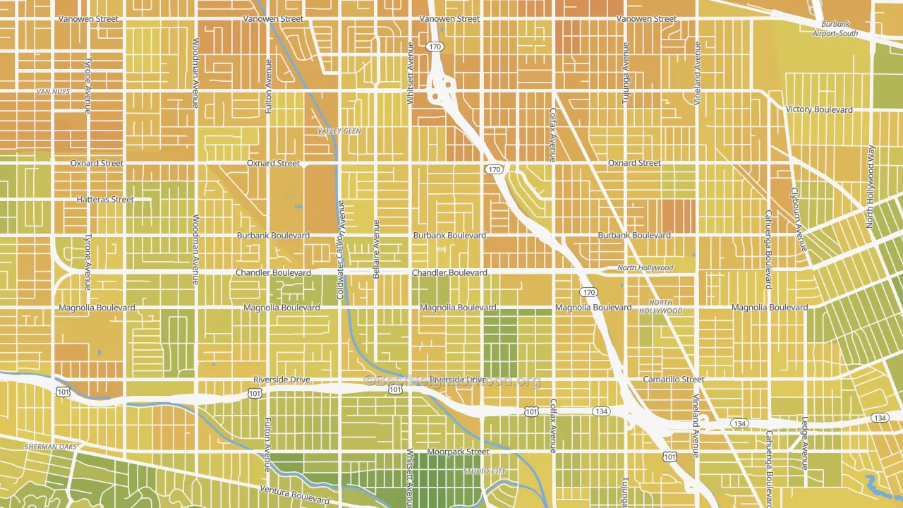 Map of the best neighborhoods in the Garnsey, Valley Village area, with better matches in green and worse matches in red