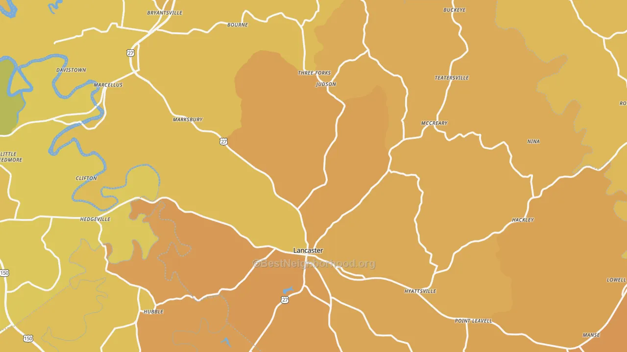 Map of the best neighborhoods in the Garrard County area, with better matches in green and worse matches in red