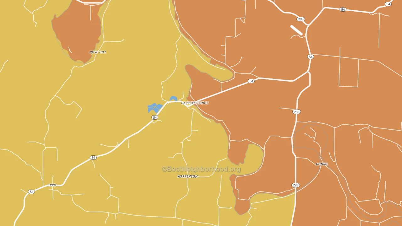 Map of the best neighborhoods in the Garrett Bridge area, with better matches in green and worse matches in red