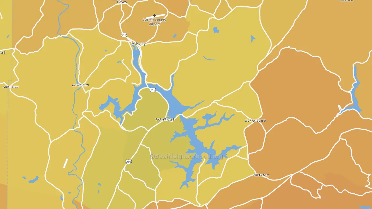 Map of the best neighborhoods in the Garrett County area, with better matches in green and worse matches in red