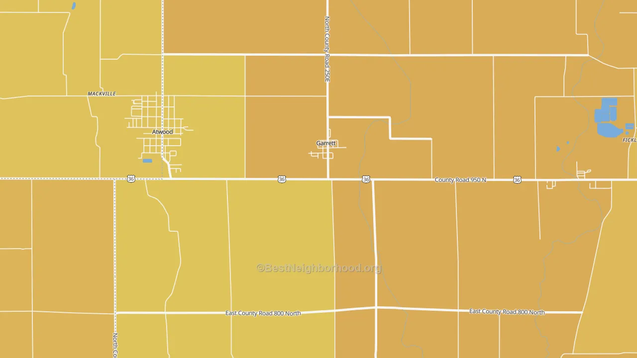 Map of the best neighborhoods in the Garrett area, with better matches in green and worse matches in red