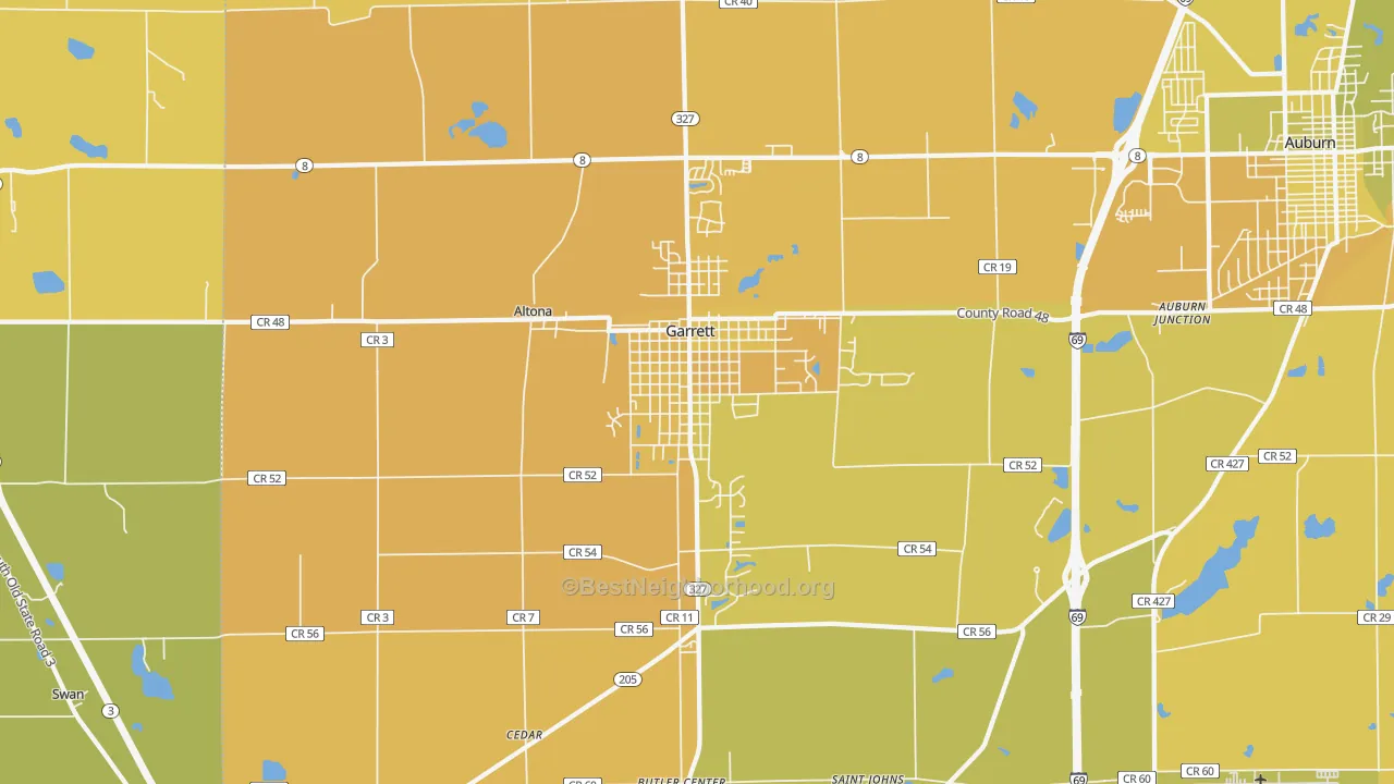 Map of the best neighborhoods in the Garrett area, with better matches in green and worse matches in red