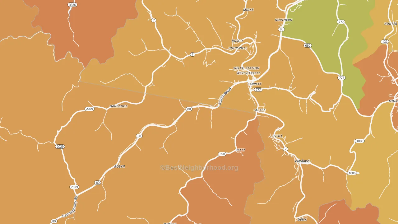 Map of the best neighborhoods in the Garrett area, with better matches in green and worse matches in red