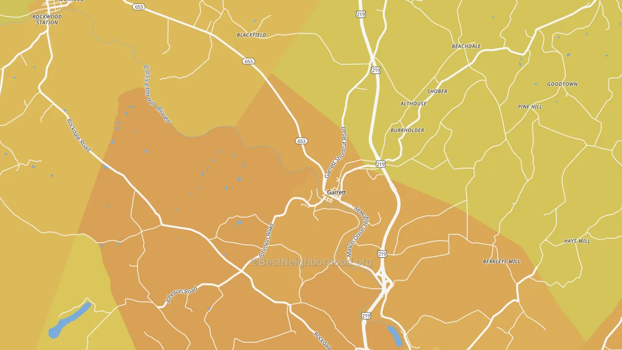 Map of the best neighborhoods in the Garrett area, with better matches in green and worse matches in red