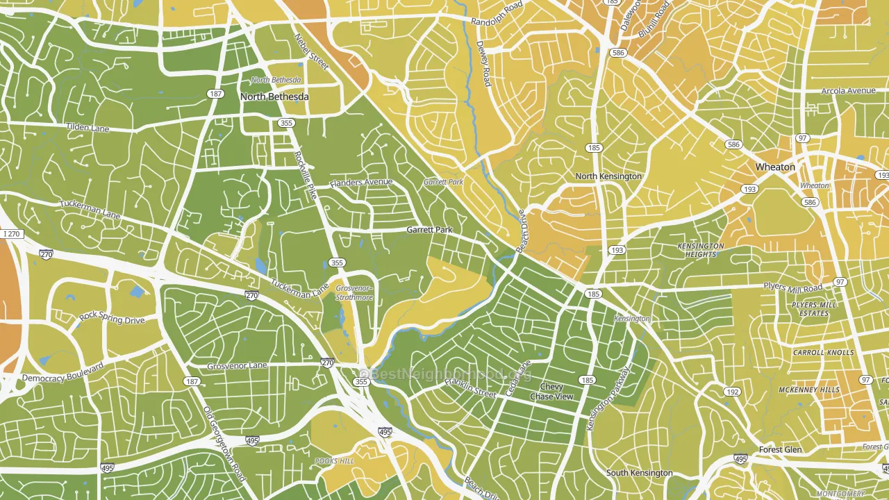 Map of the best neighborhoods in the Garrett Park area, with better matches in green and worse matches in red