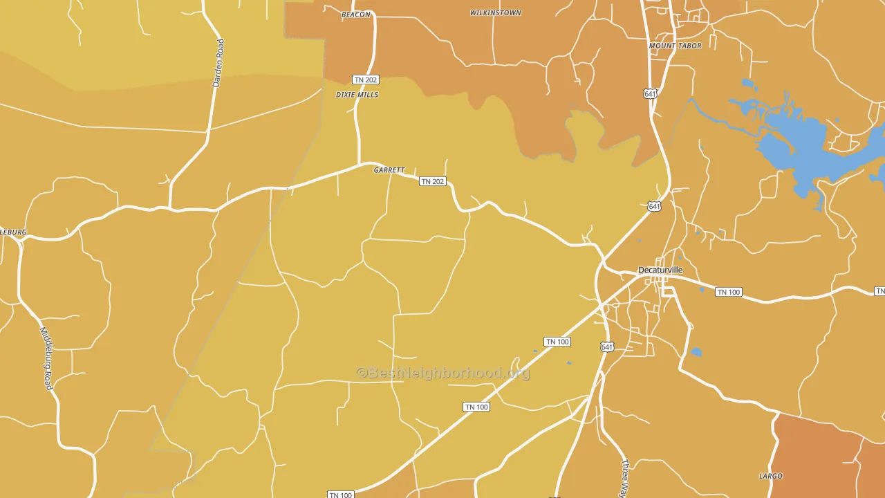 Map of the best neighborhoods in the Garrett area, with better matches in green and worse matches in red