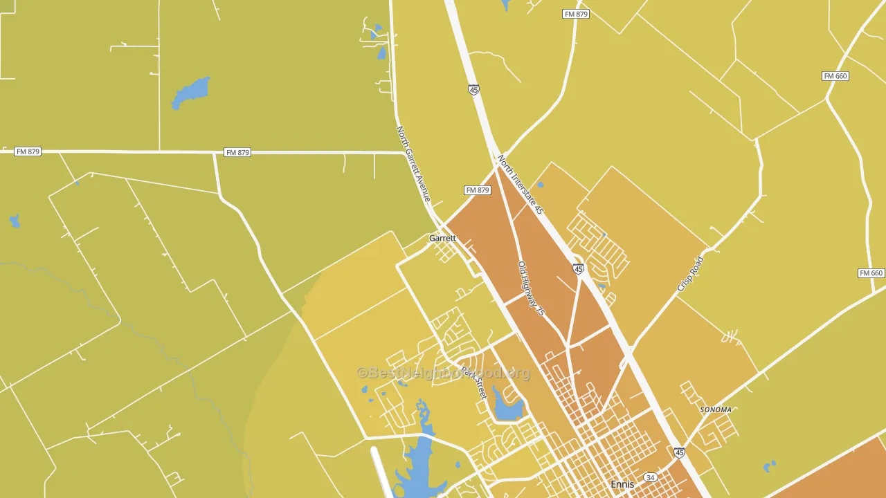 Map of the best neighborhoods in the Garrett area, with better matches in green and worse matches in red