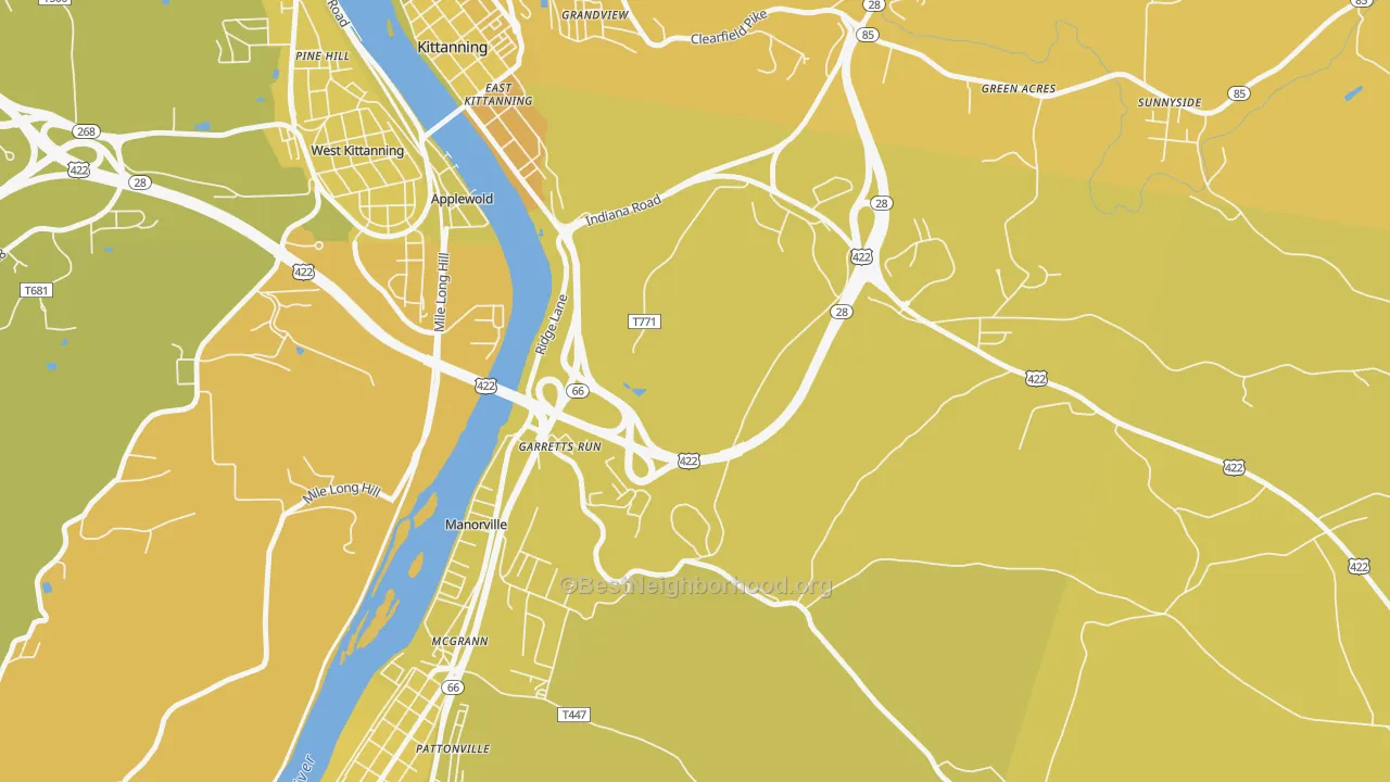 Map of the best neighborhoods in the Garretts Run area, with better matches in green and worse matches in red