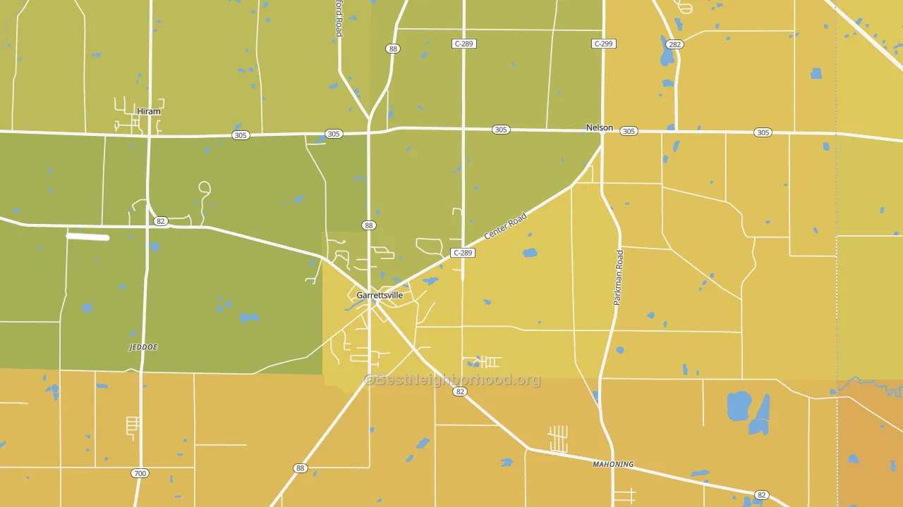 Map of the best neighborhoods in the Garrettsville area, with better matches in green and worse matches in red