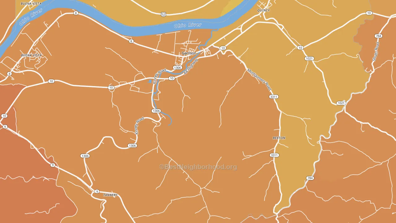 Map of the best neighborhoods in the Garrison area, with better matches in green and worse matches in red