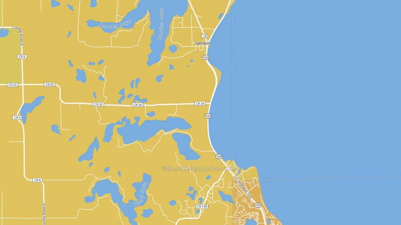 Map of the best neighborhoods in the Garrison area, with better matches in green and worse matches in red