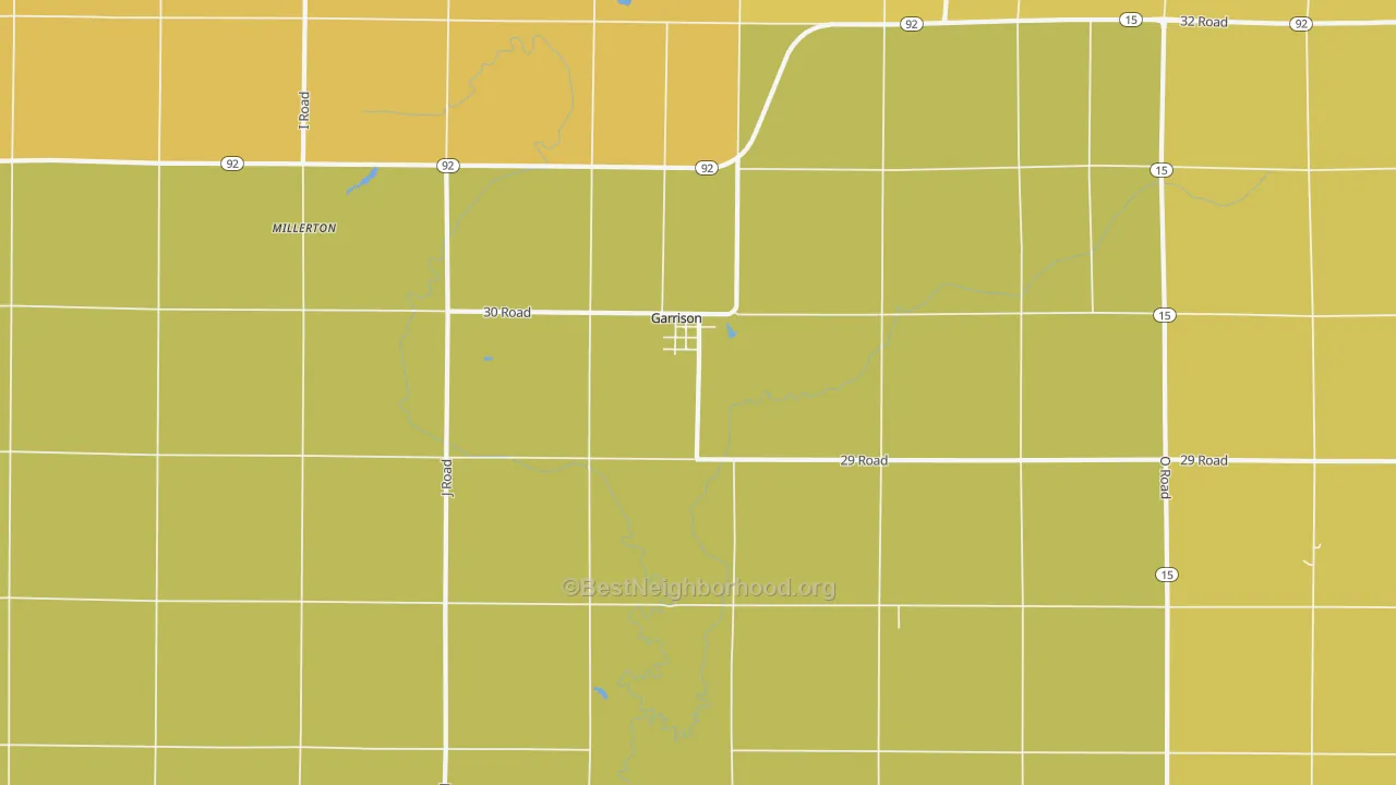 Map of the best neighborhoods in the Garrison area, with better matches in green and worse matches in red